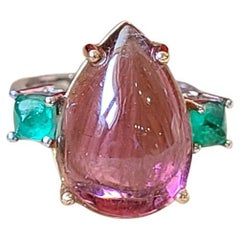 11.39 Carats, Rubellite Cabochon & Emerald Sugarloafs Cocktail/ Three-Stone Ring