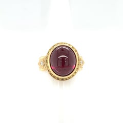 11.39 Carat Rubellite Tourmaline Cabochon and Diamond Band Ring in Yellow Gold
