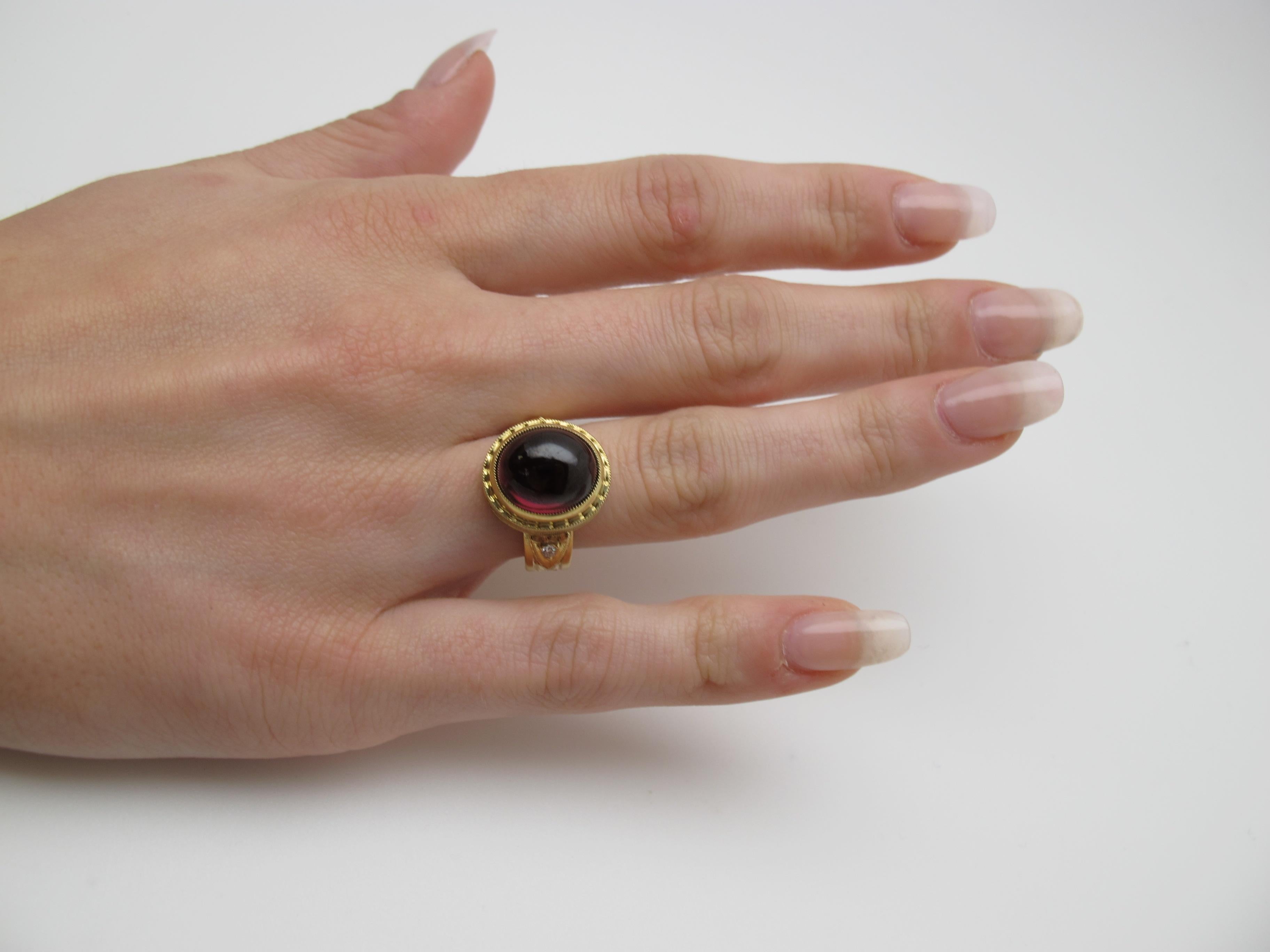 11.39 Carat Rubellite Tourmaline Cabochon and Diamond Band Ring in Yellow Gold 1