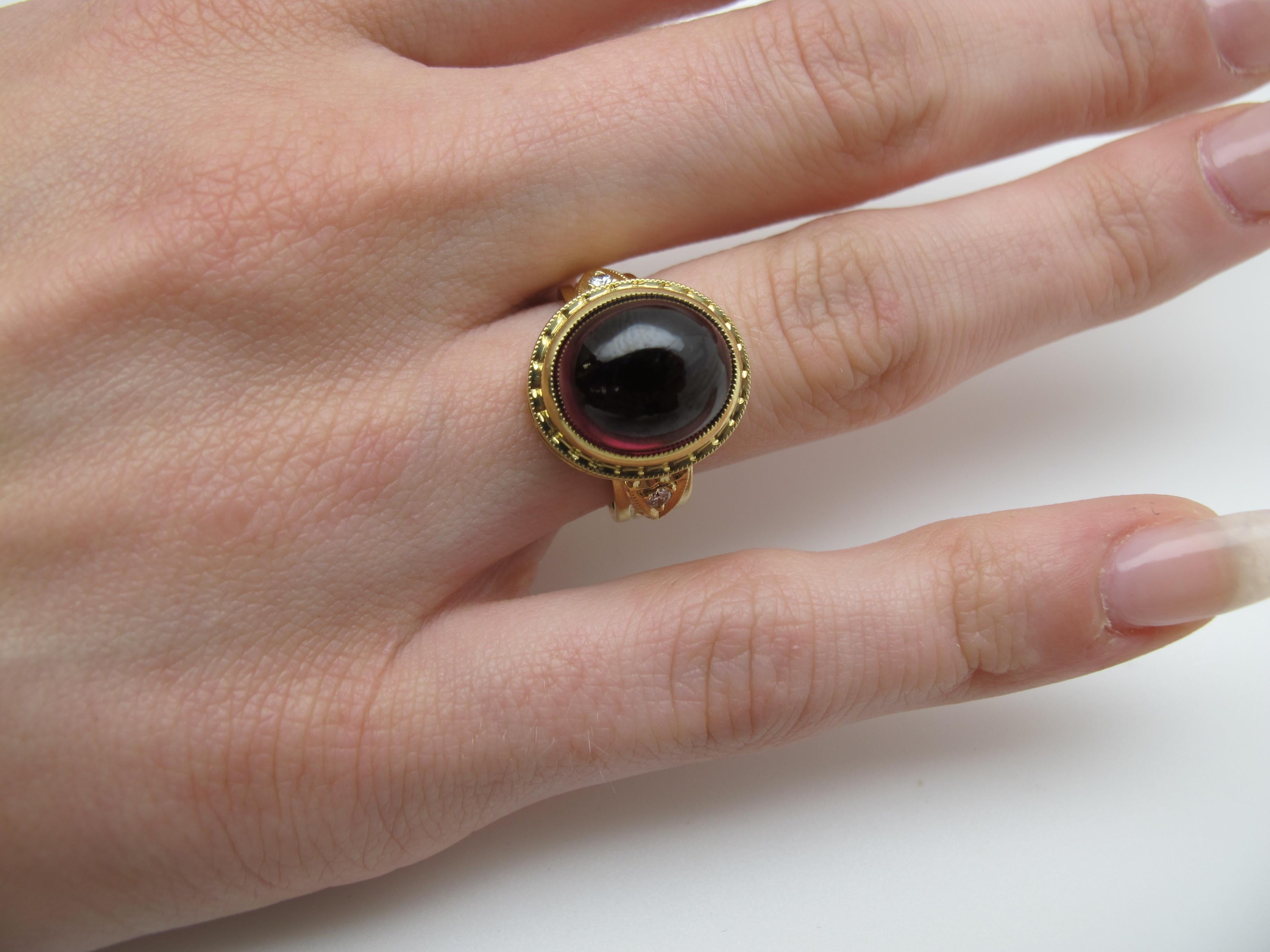 11.39 Carat Rubellite Tourmaline Cabochon and Diamond Band Ring in Yellow Gold 2