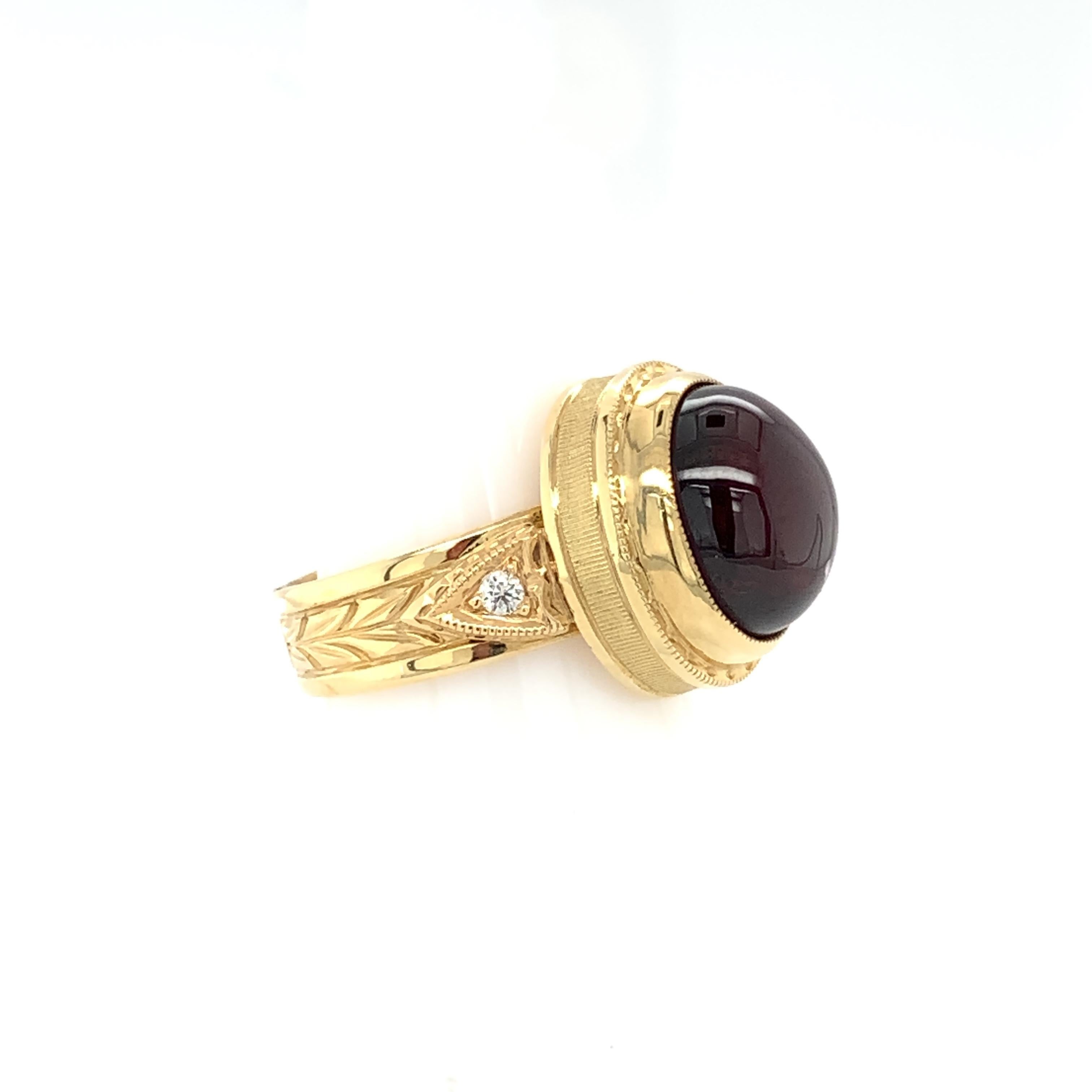 11.39 Carat Rubellite Tourmaline Cabochon and Diamond Band Ring in Yellow Gold In New Condition In Los Angeles, CA