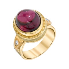 11.39 Carat Rubellite Tourmaline Cabochon and Diamond Band Ring in Yellow Gold