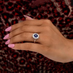 1.13ct Blue Sapphire Natural Diamond Starburst Halo Ring 14k Gold wedding gift