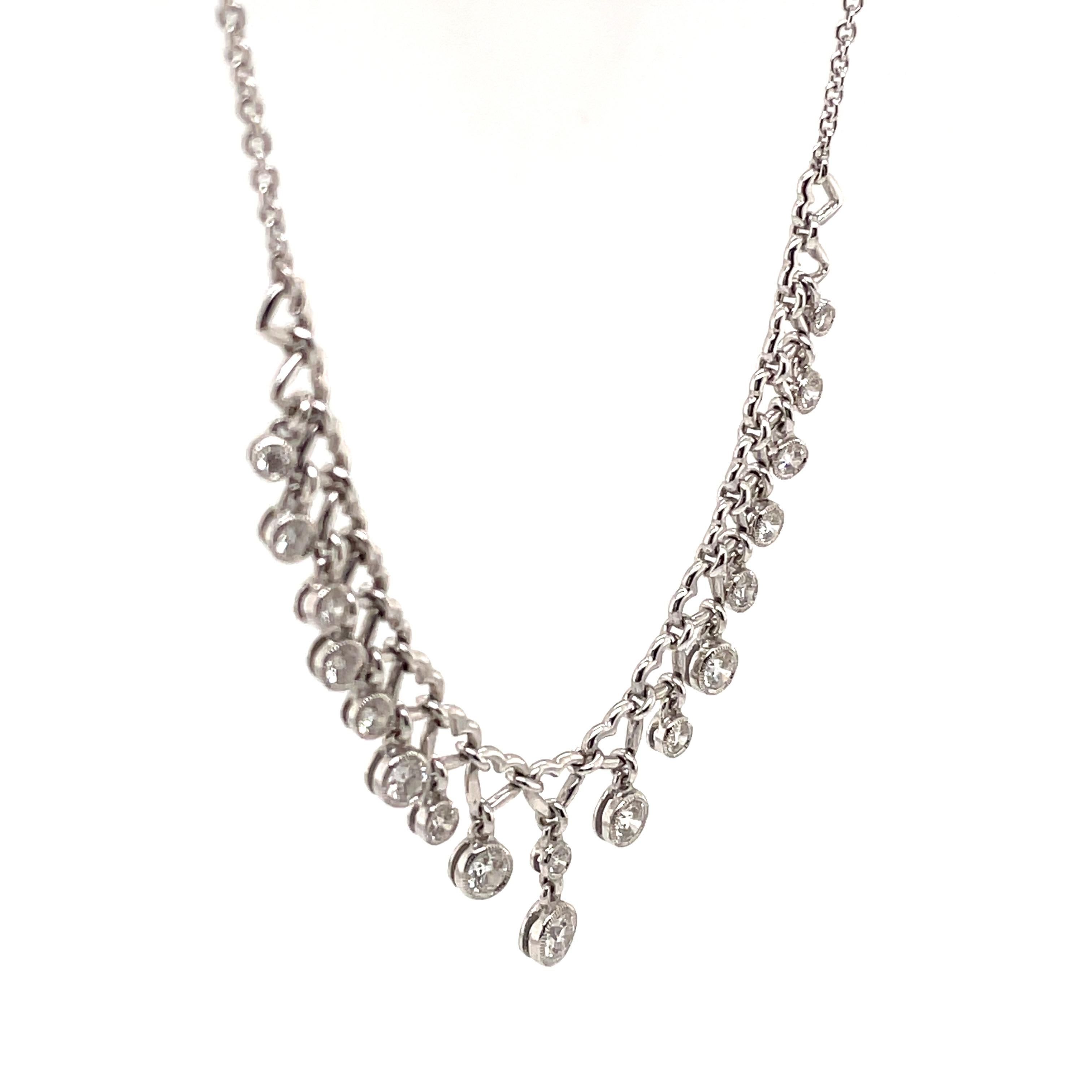 Contemporary 1.13ct Dangling Bezel Set Diamond Necklace 18k White Gold For Sale