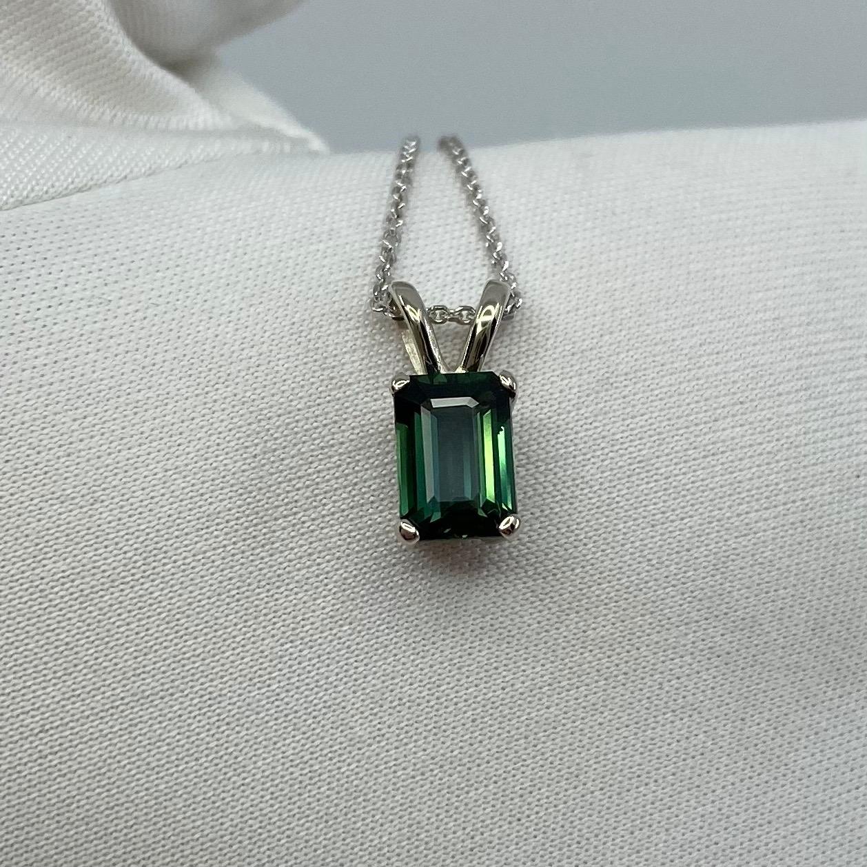1.13ct Deep Greenish Blue Thai Sapphire White Gold Emerald Octagon Cut Pendant 4