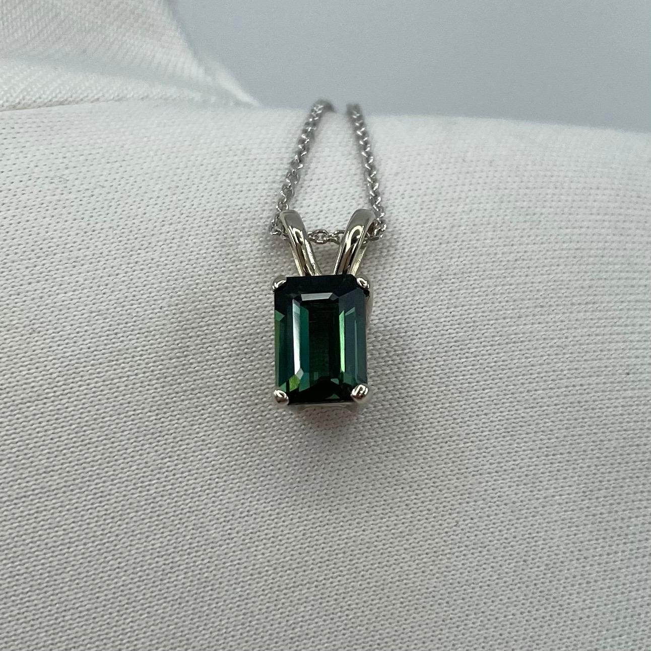 1.13ct Deep Greenish Blue Thai Sapphire White Gold Emerald Octagon Cut Pendant 5