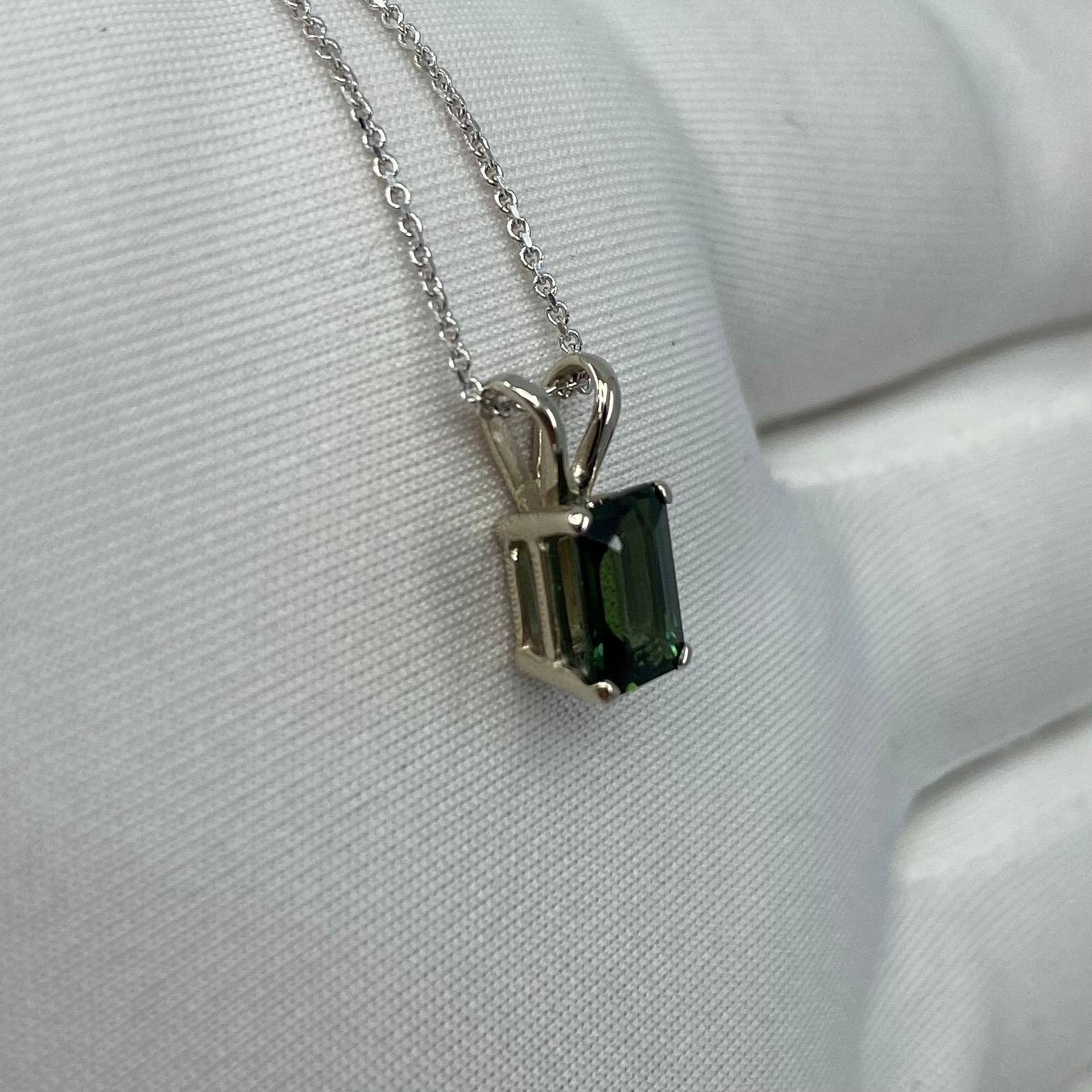 1.13ct Deep Greenish Blue Thai Sapphire White Gold Emerald Octagon Cut Pendant 6