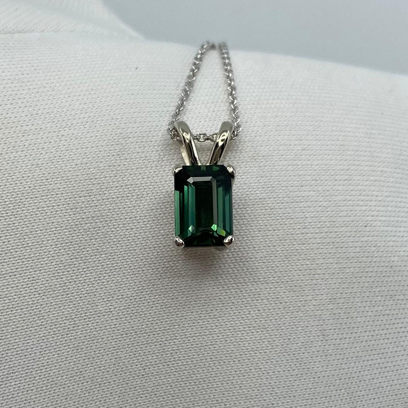 1.13ct Deep Greenish Blue Thai Sapphire White Gold Emerald Octagon Cut Pendant 7