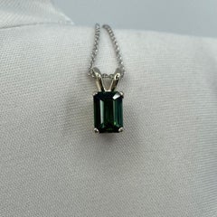 1.13ct Deep Greenish Blue Thai Sapphire White Gold Emerald Octagon Cut Pendant