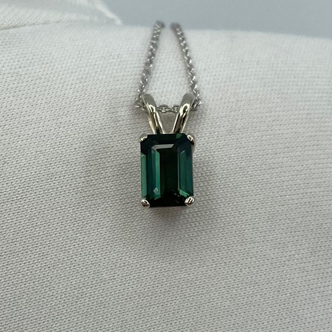 Emerald Cut 1.13ct Deep Greenish Blue Thai Sapphire White Gold Emerald Octagon Cut Pendant