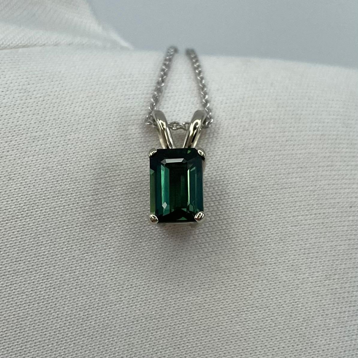 Women's or Men's 1.13ct Deep Greenish Blue Thai Sapphire White Gold Emerald Octagon Cut Pendant