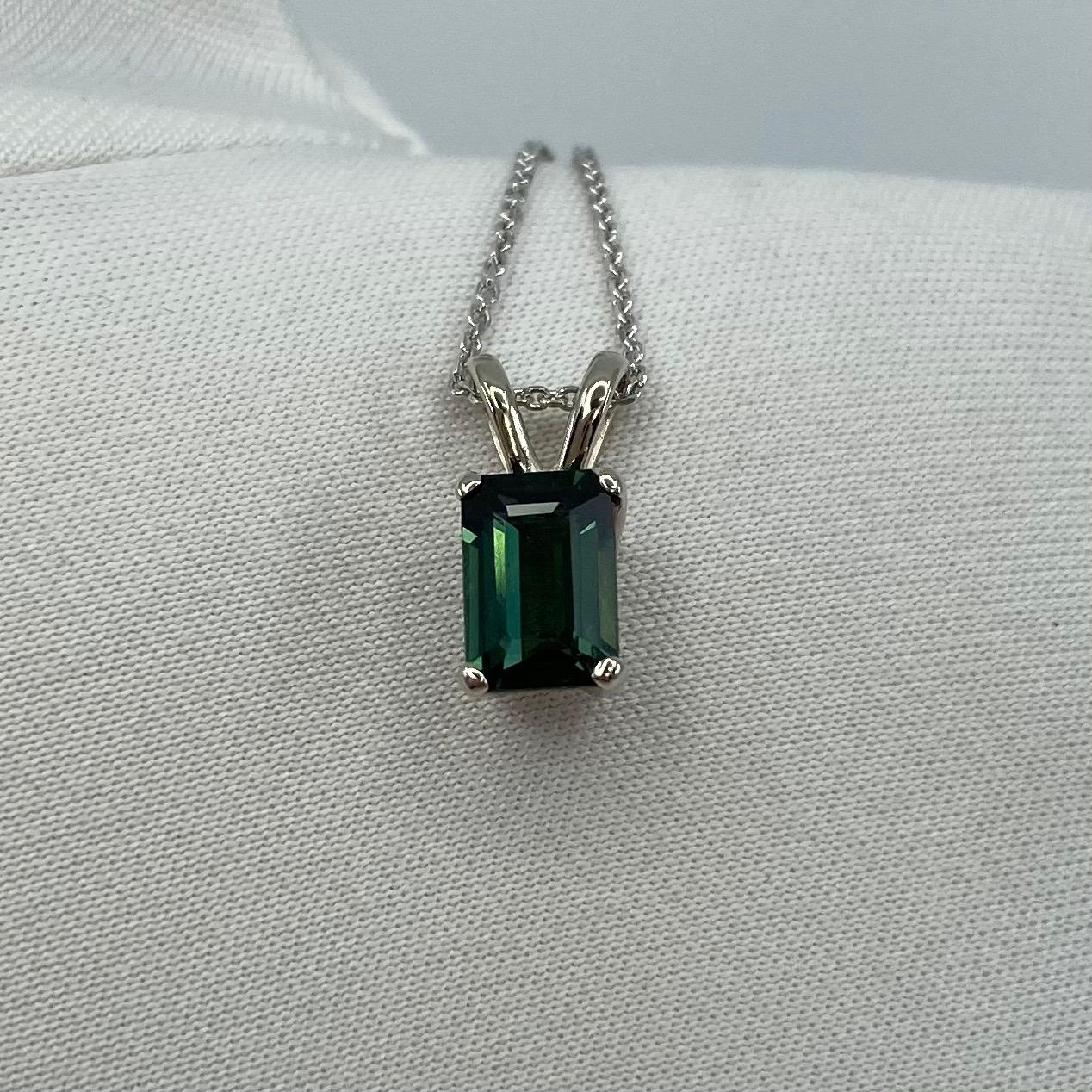 1.13ct Deep Greenish Blue Thai Sapphire White Gold Emerald Octagon Cut Pendant 1