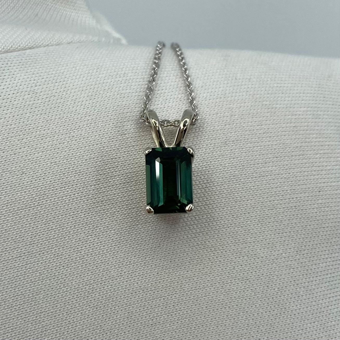 1.13ct Deep Greenish Blue Thai Sapphire White Gold Emerald Octagon Cut Pendant 2