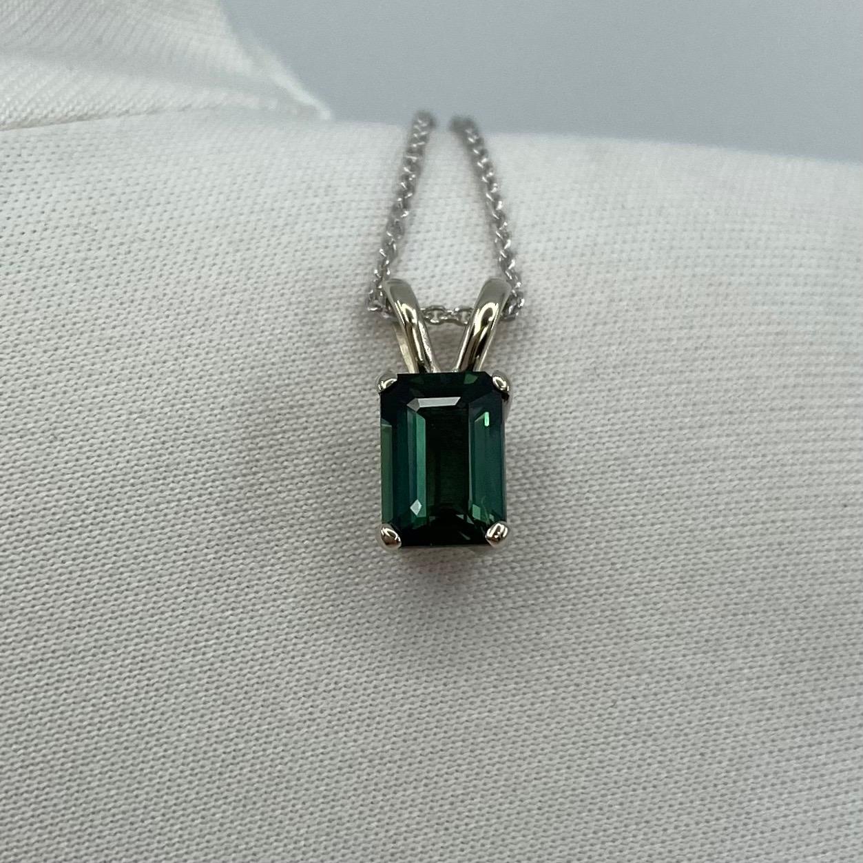 1.13ct Deep Greenish Blue Thai Sapphire White Gold Emerald Octagon Cut Pendant 3