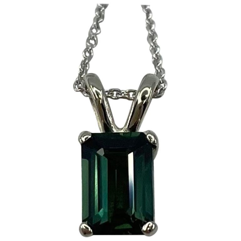 1.13ct Deep Greenish Blue Thai Sapphire White Gold Emerald Octagon Cut Pendant