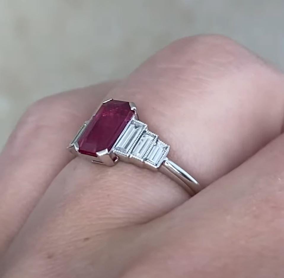 Art Deco Emerald Cut Natural Ruby Engagement Ring (Approx. 1.10-Carats), Platinum For Sale