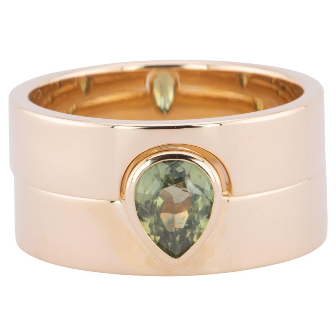 Zaffiro verde da 1,13 carati con castone e fascia larga da sposa in oro 14K 11,68g R6623 in vendita