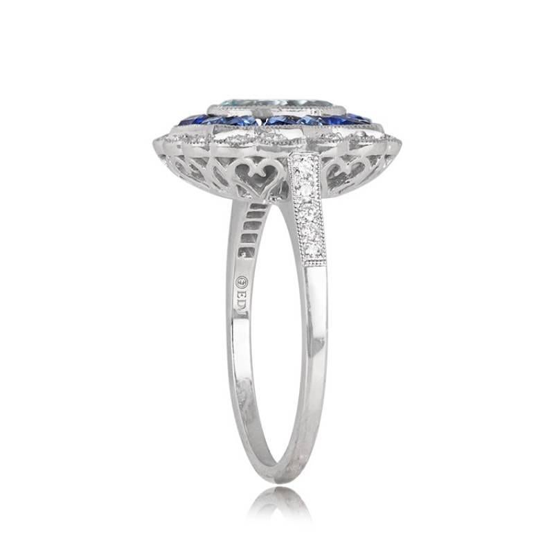 Art Deco 1.13ct Oval Cut Natural Aquamarine Engagement Ring, Double Halo, Platinum