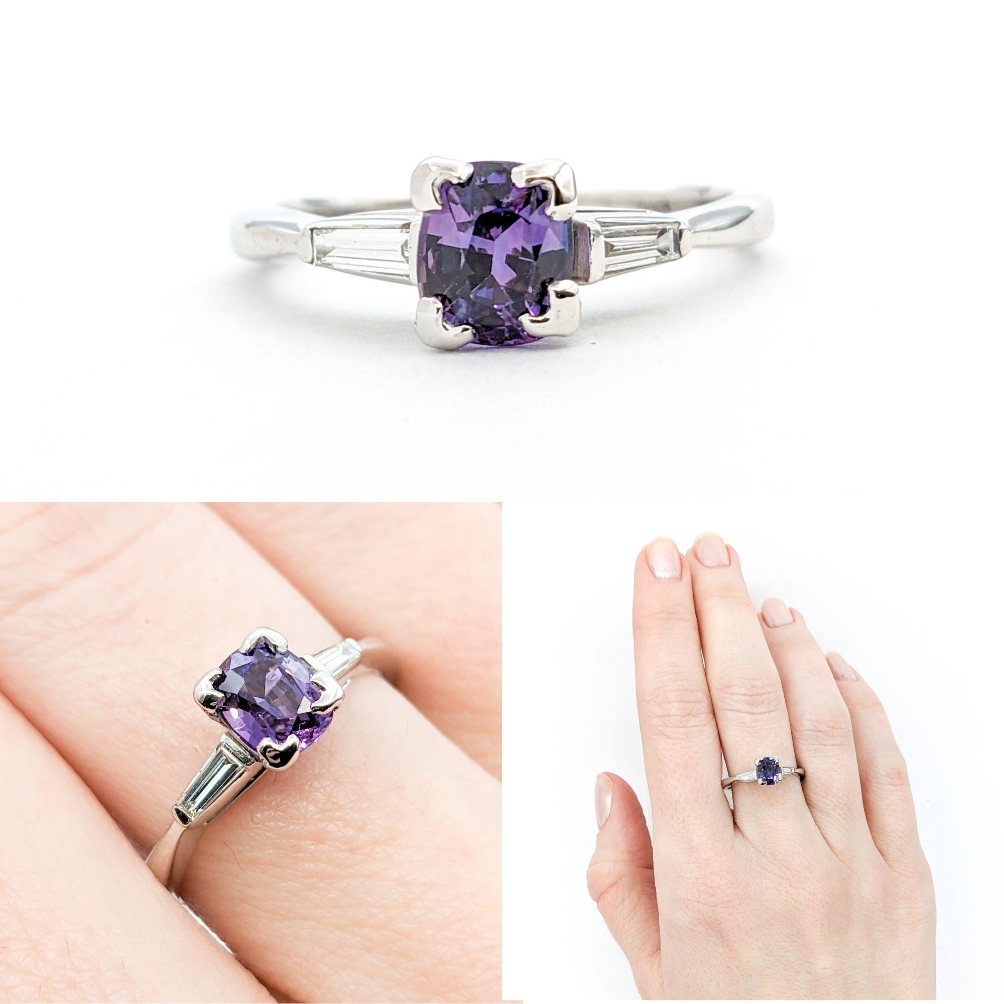 1.13ct Purple Spinel & Diamond Ring In White Gold

Introducing a stunning Ring, meticulously crafted in bright 14k White Gold, that exudes elegance and sophistication. This piece features a captivating 1.13ct Purple Spinel, a gemstone known for its