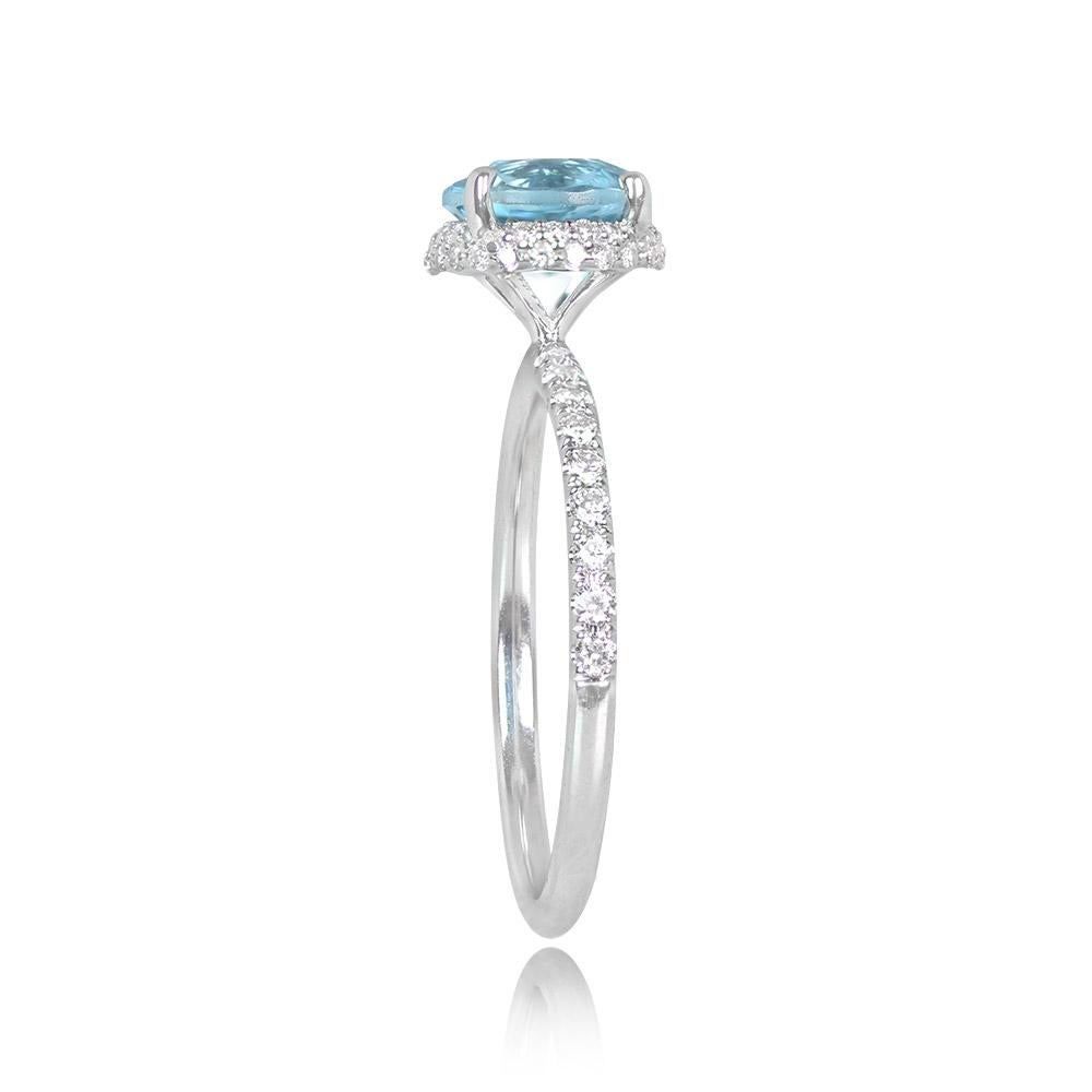 Art Deco 1.13ct Round Cut Aquamarine Engagement Ring, 18k White Gold For Sale