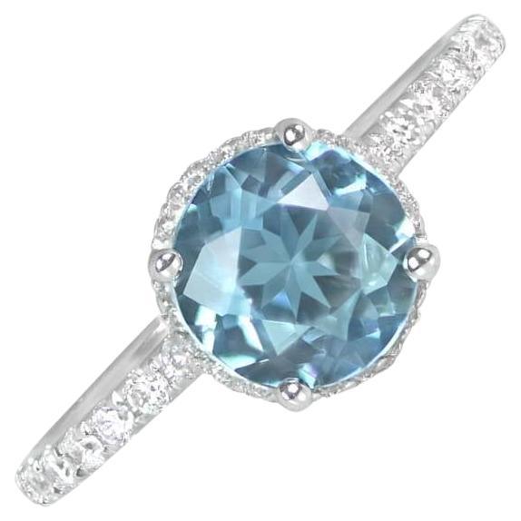 1.13ct Round Cut Aquamarine Engagement Ring, 18k White Gold For Sale