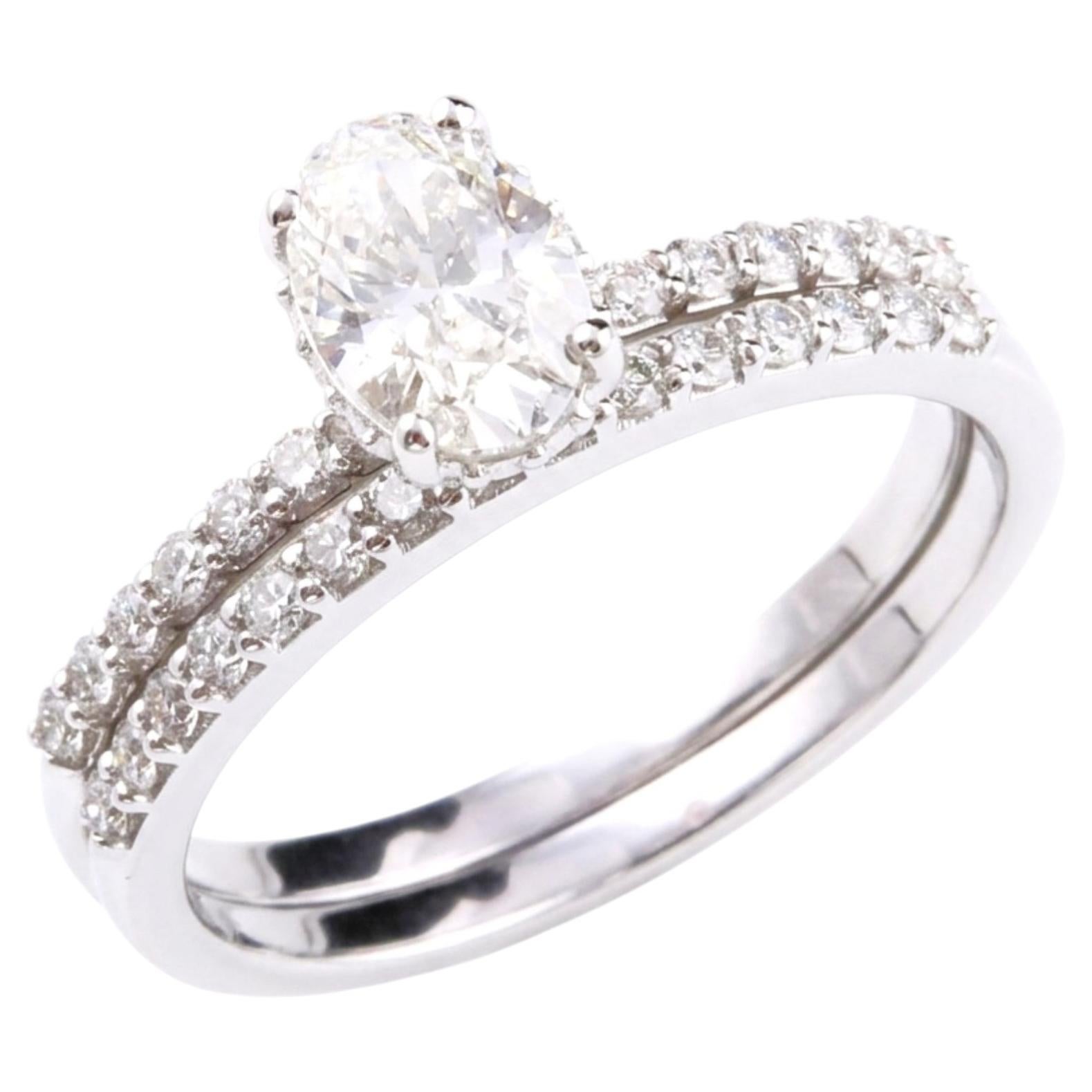 1.13Ct SI/H Oval Diamond Solitaire Ring and Diamond Pave Band 14k White Gold