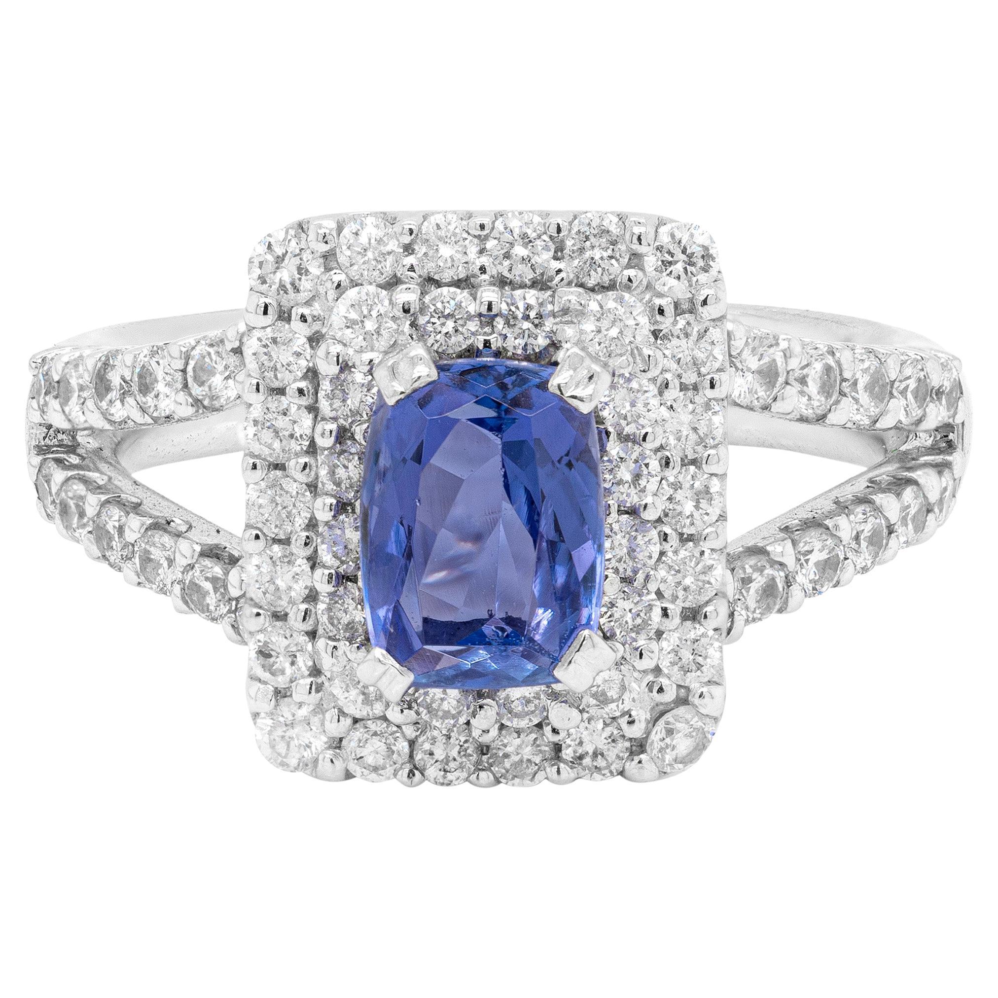 1.13ct Tanzanite 18 Carat White Gold Diamond Cluster Engagement Ring For Sale