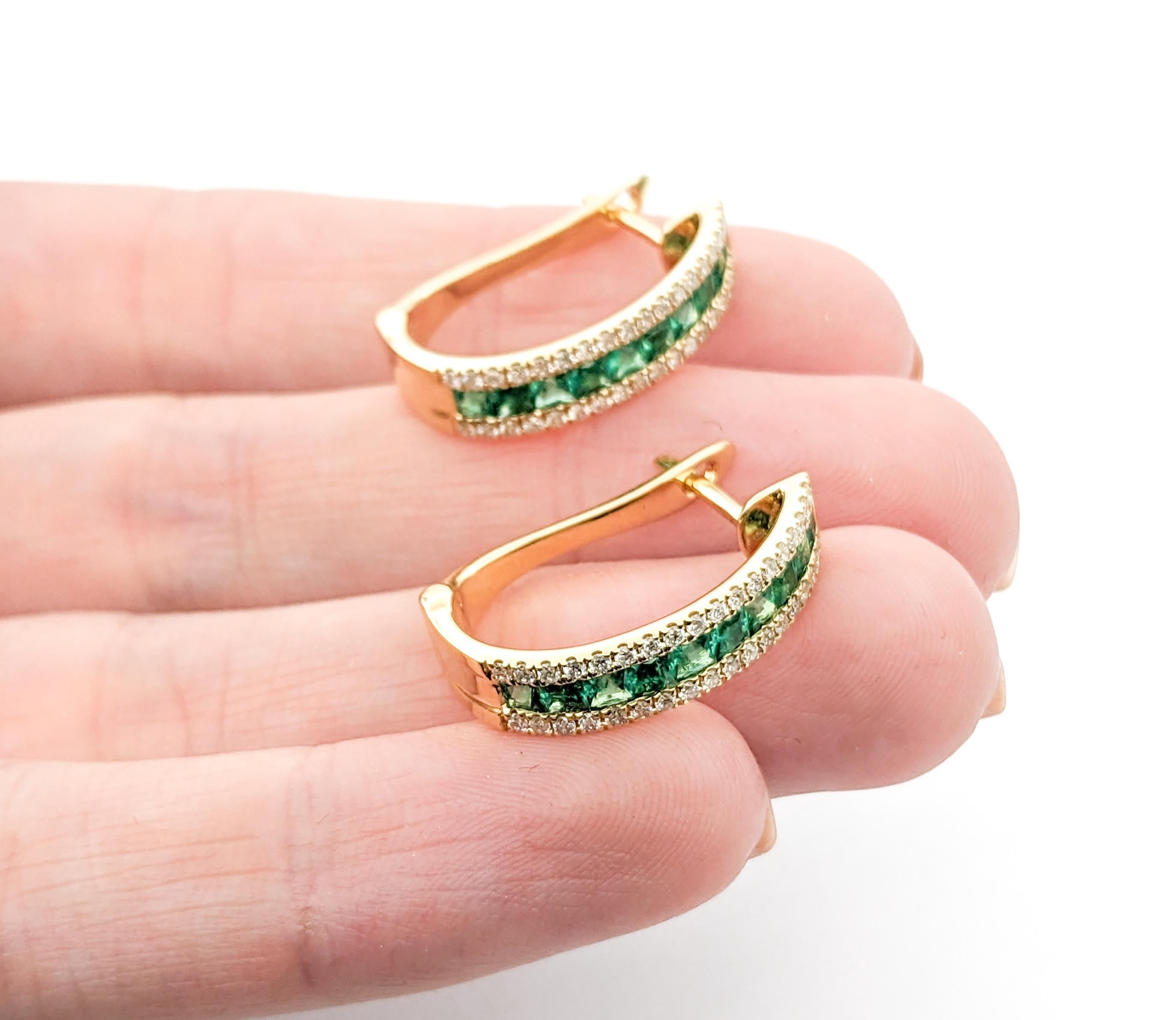 Contemporary 1.13ctw Emeralds & Diamond Hoop Leverback Earrings In Yellow Gold For Sale