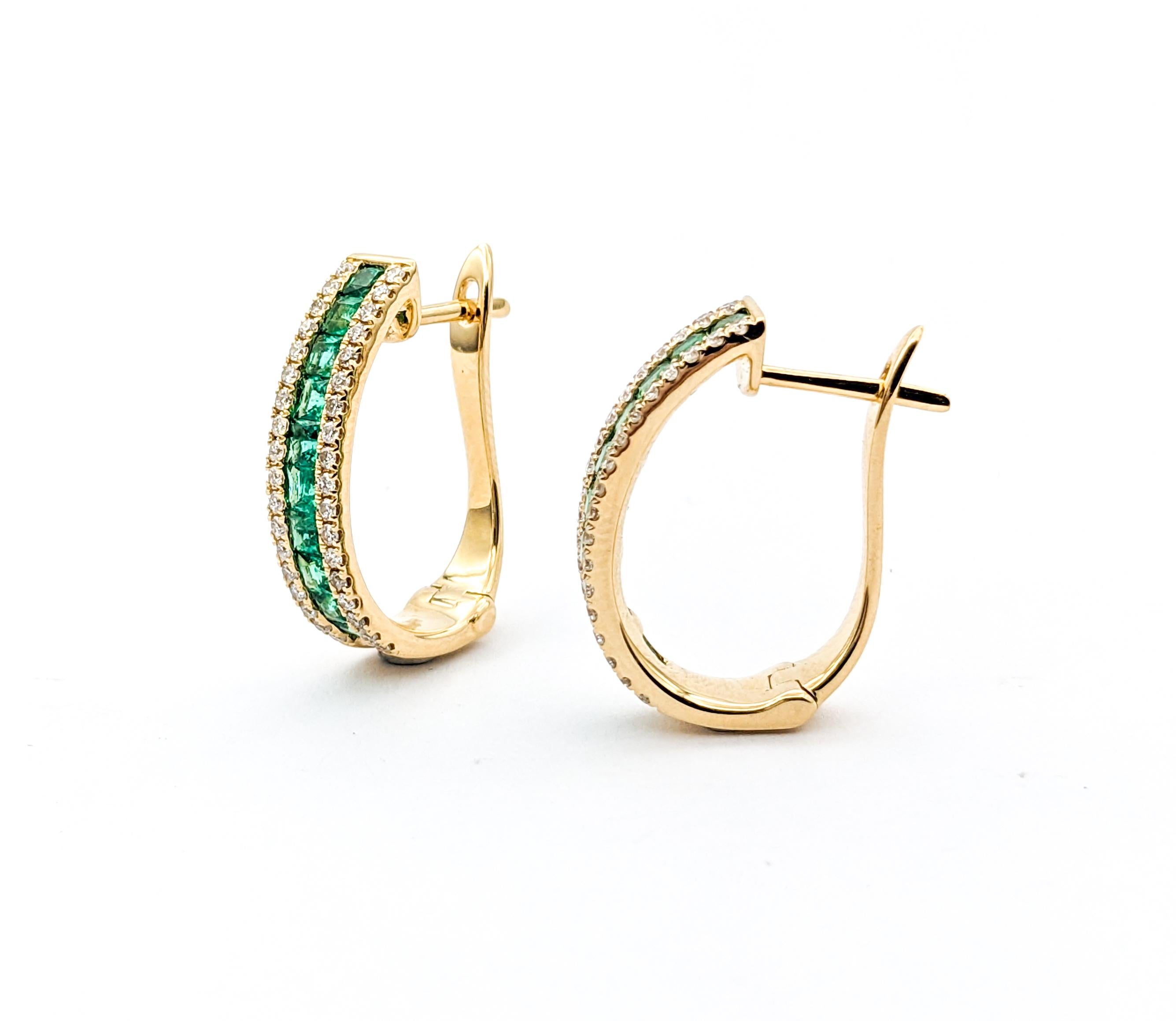 Emerald Cut 1.13ctw Emeralds & Diamond Hoop Leverback Earrings In Yellow Gold For Sale