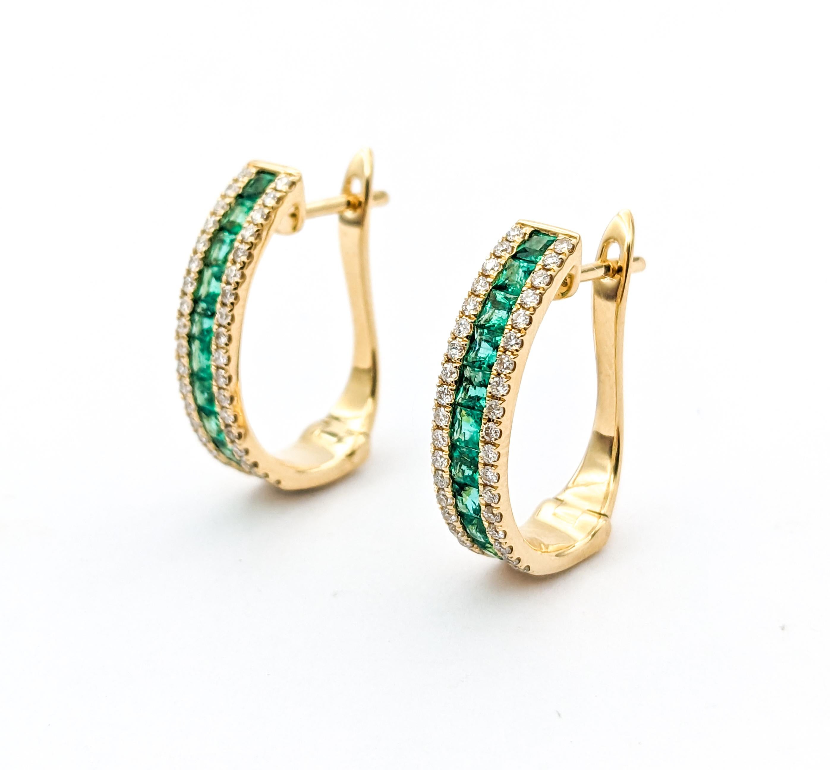 1.13ctw Emeralds & Diamond Hoop Leverback Earrings In Yellow Gold In Excellent Condition For Sale In Bloomington, MN