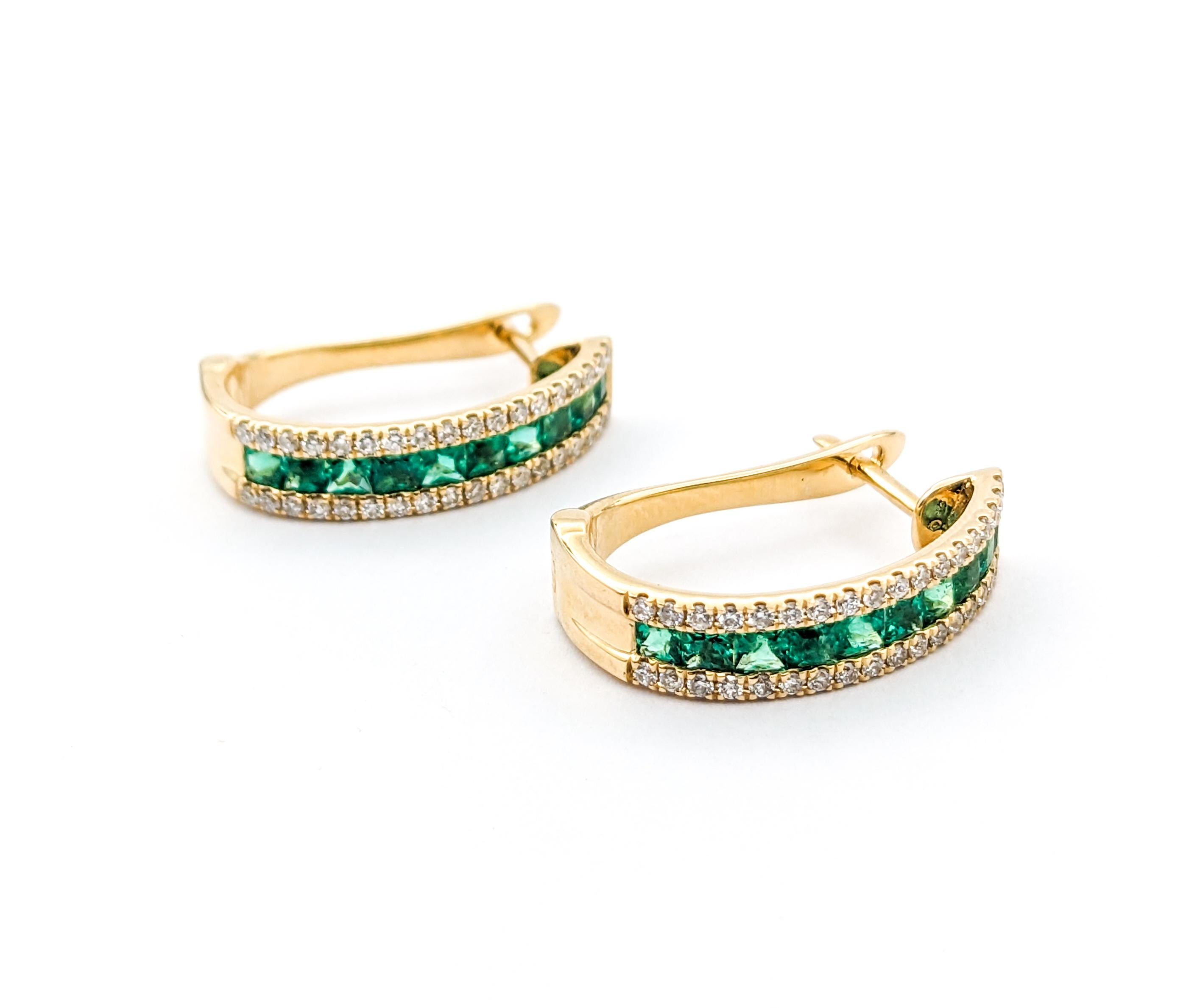 1.13ctw Emeralds & Diamond Hoop Leverback Earrings In Yellow Gold For Sale 2