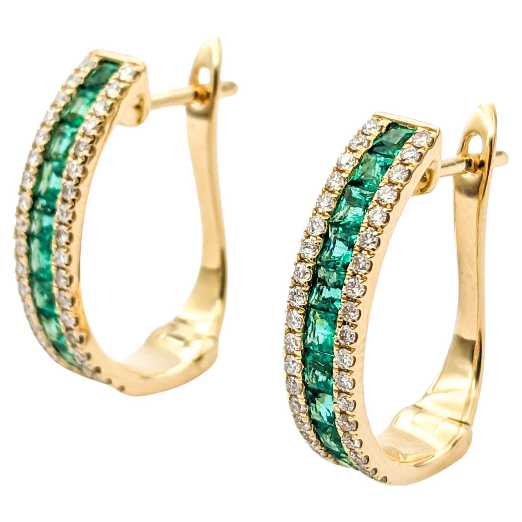 1.13ctw Emeralds & Diamond Hoop Leverback Earrings In Yellow Gold For Sale