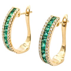 1.13ctw Emeralds & Diamond Hoop Leverback Earrings In Yellow Gold