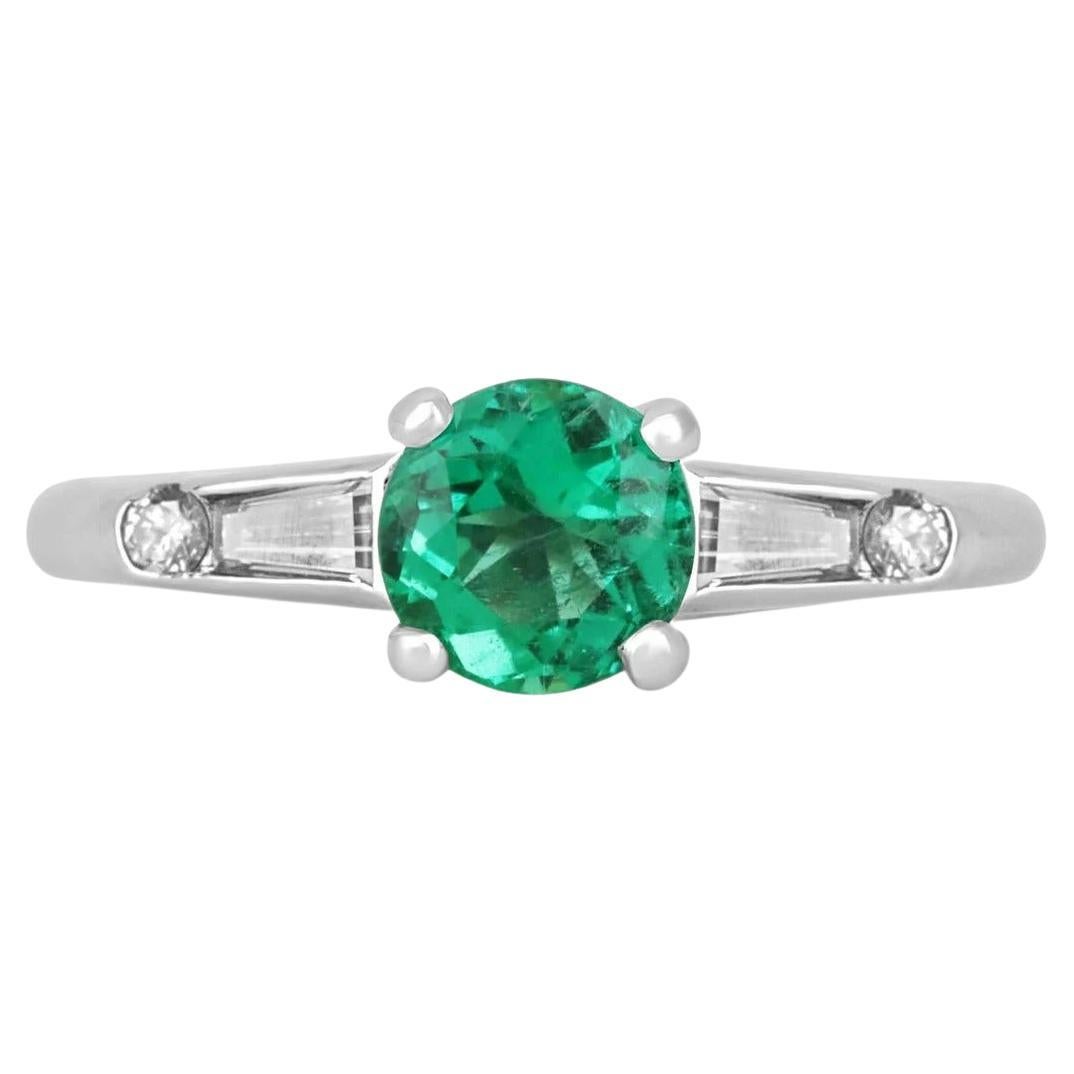 1.13tcw Plat Round Emerald & Tapered Baguette Diamond Engagement Ring For Sale