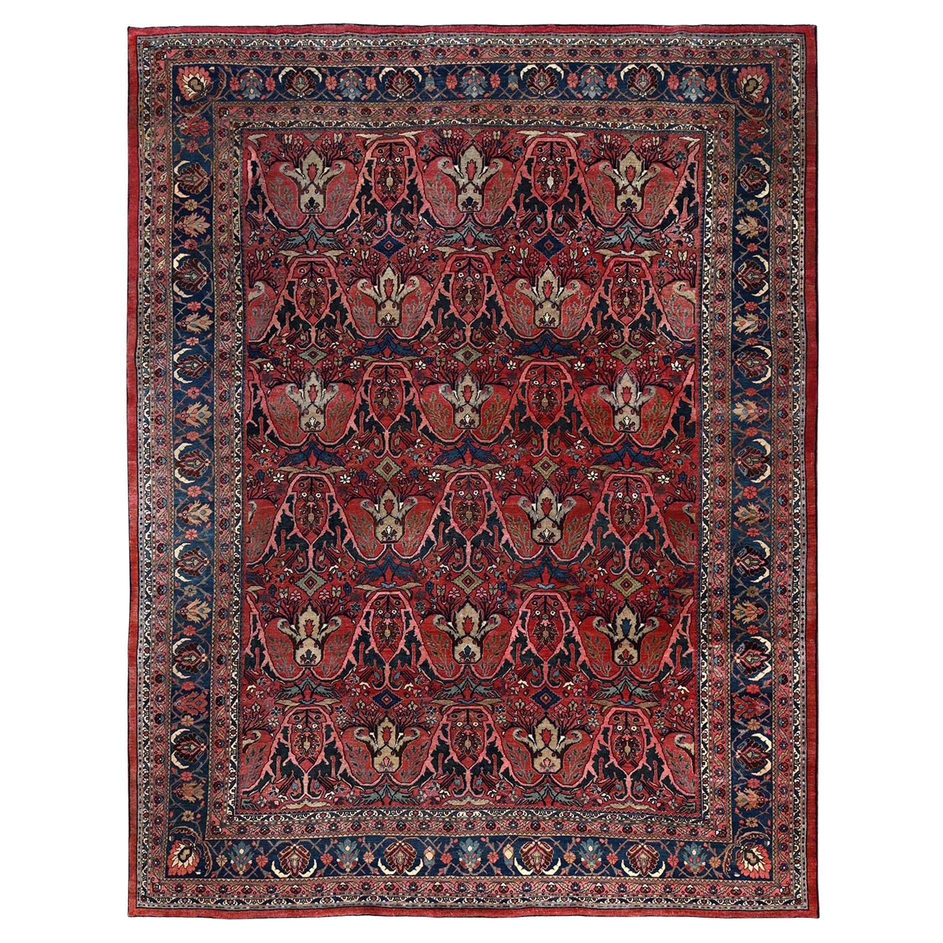 11'3"x14'5" Crimson Red Antique Persian Bijar Garus Clean Hand Knotted Wool Rug For Sale
