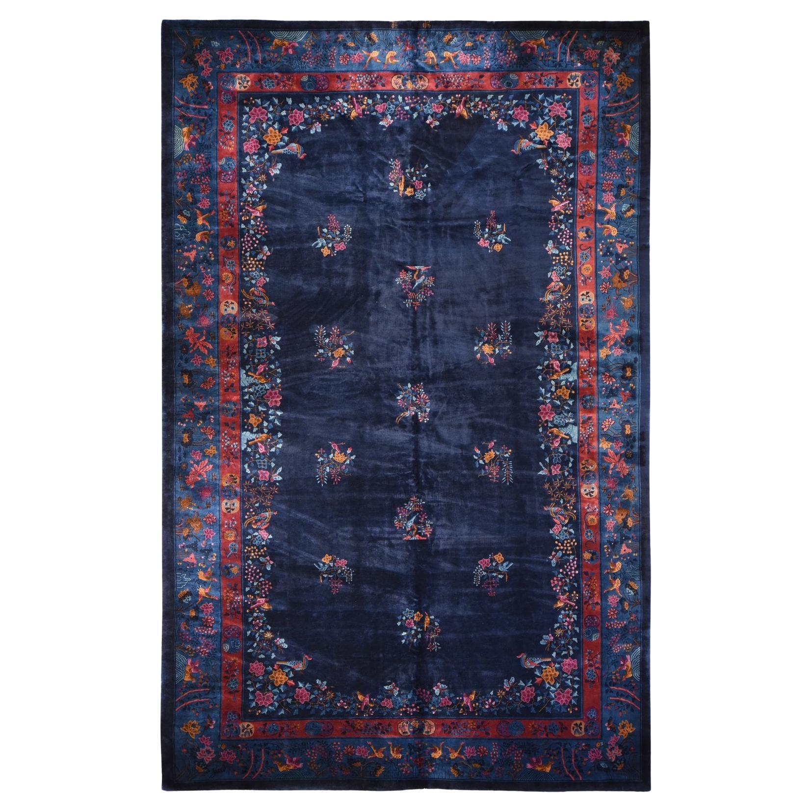 11'3 "x17'3" Bleu minuit Antique Chinois Art Deco Nichols Tapis en laine noué à la main en vente