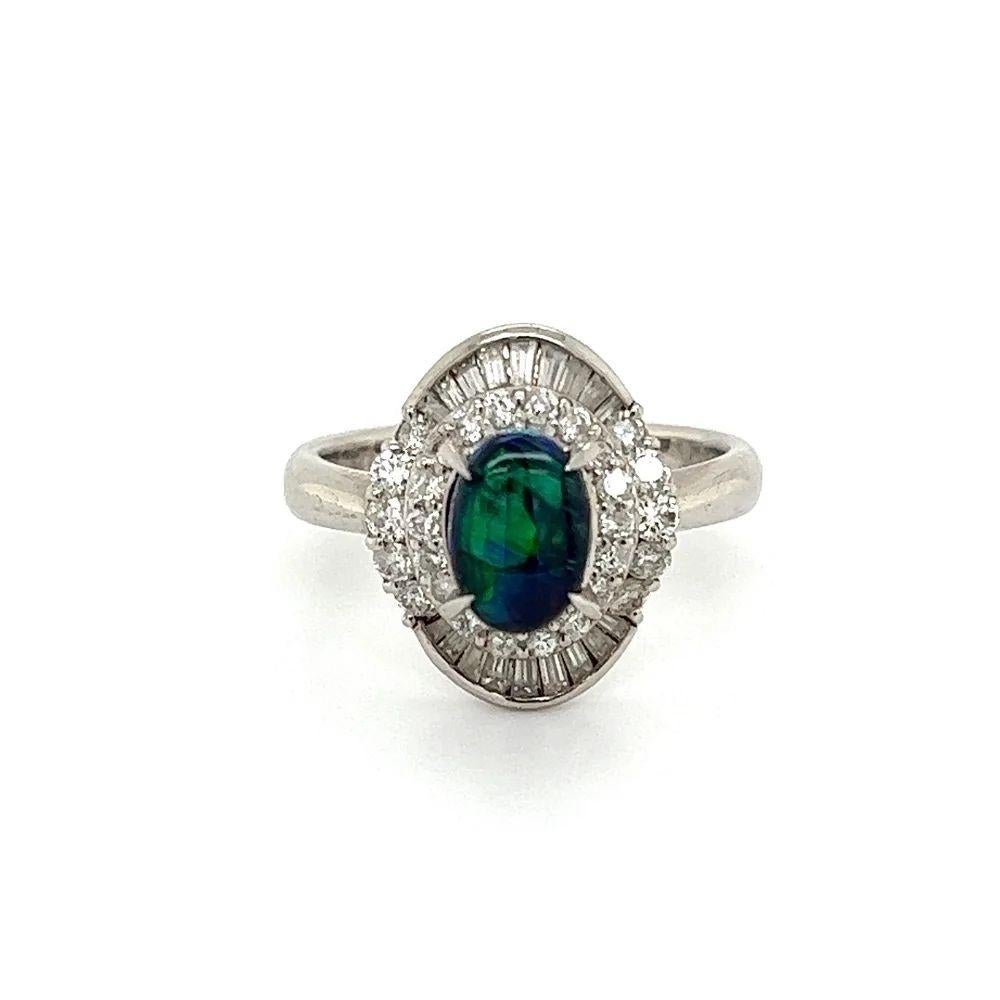 Mixed Cut 1.14 Carat Black Opal and Diamond Double Halo Vintage Platinum Cocktail Ring For Sale