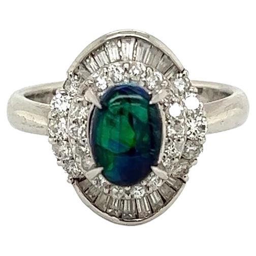 1.14 Carat Black Opal and Diamond Double Halo Vintage Platinum Cocktail Ring For Sale