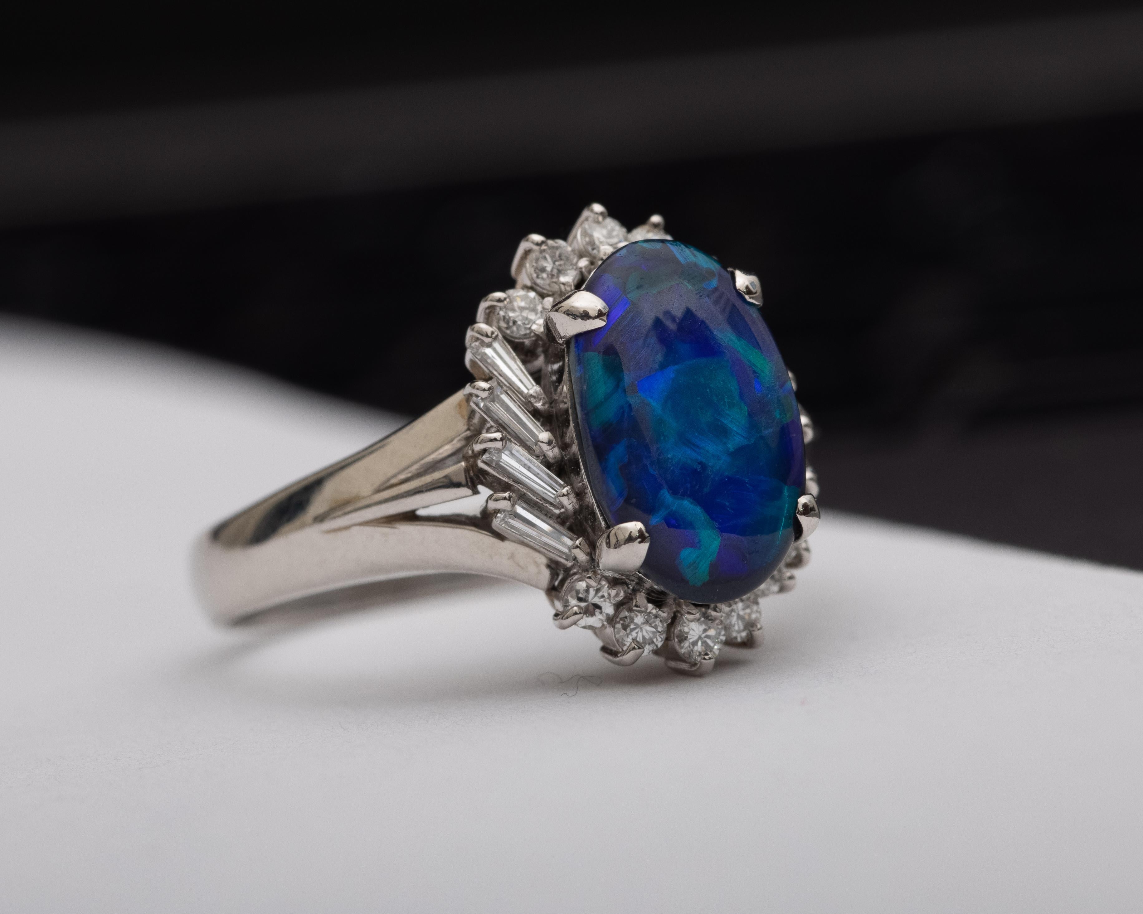1.14 Carat Black Opal and Diamond Platinum Ring In Excellent Condition For Sale In Atlanta, GA