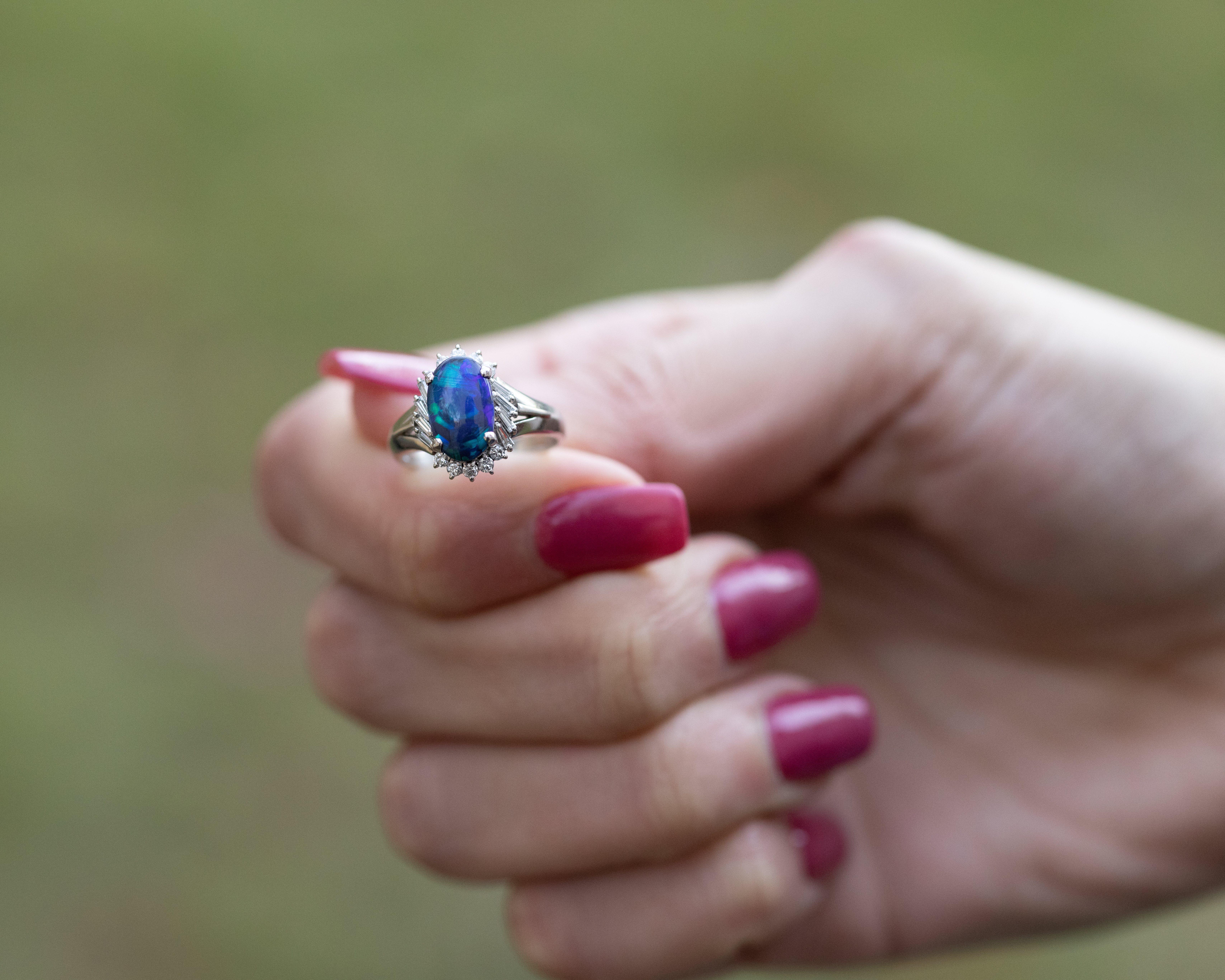 1.14 Carat Black Opal and Diamond Platinum Ring For Sale 2