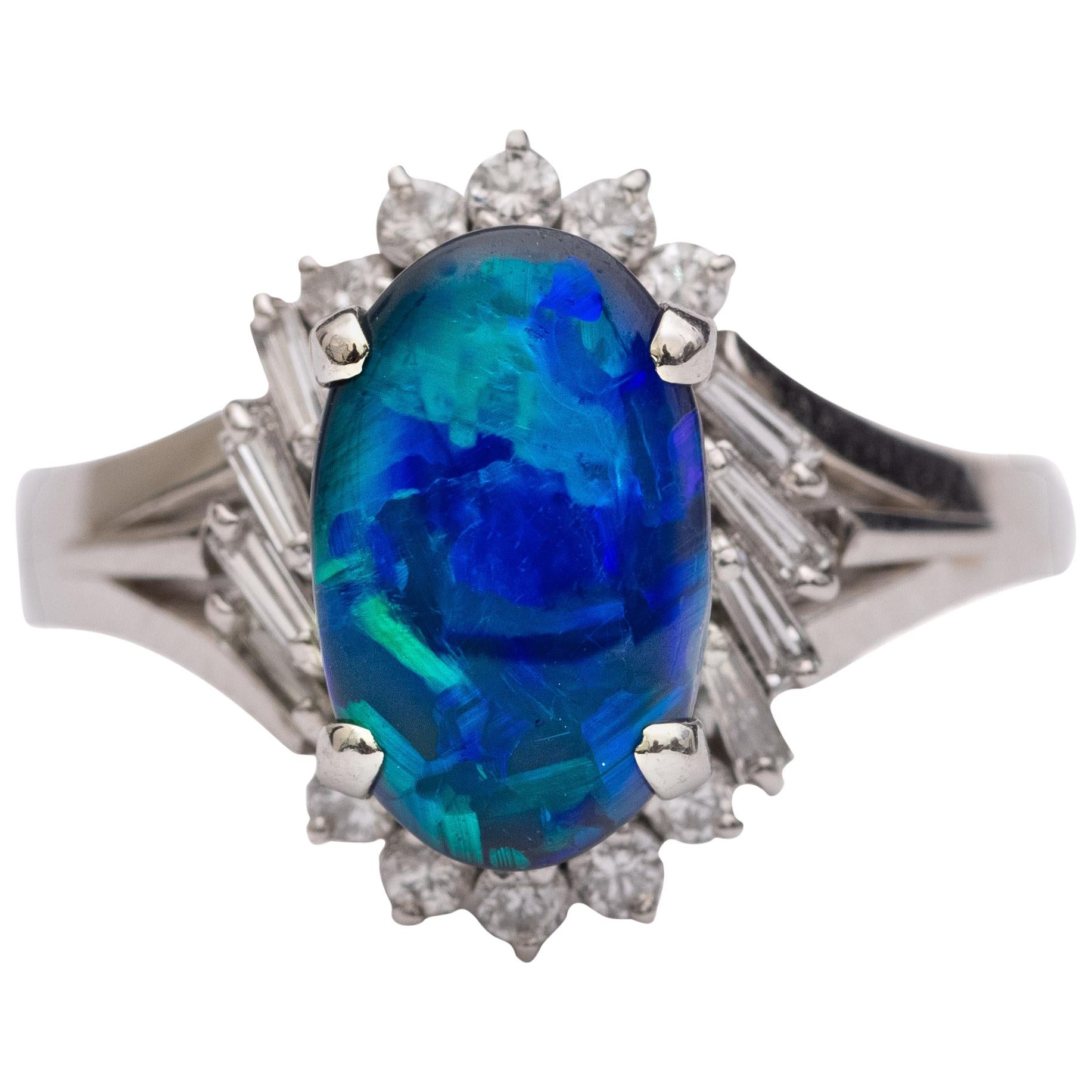 1.14 Carat Black Opal and Diamond Platinum Ring For Sale