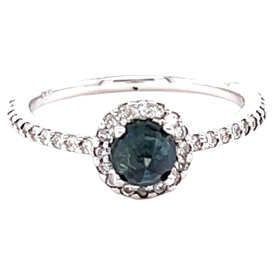 1.14 Carat Blue Sapphire Diamond 14 Karat White Gold Ring For Sale