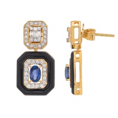 Boucles d'oreilles en or jaune 18 carats avec saphir bleu de 1,14 carat, diamants et émail noir