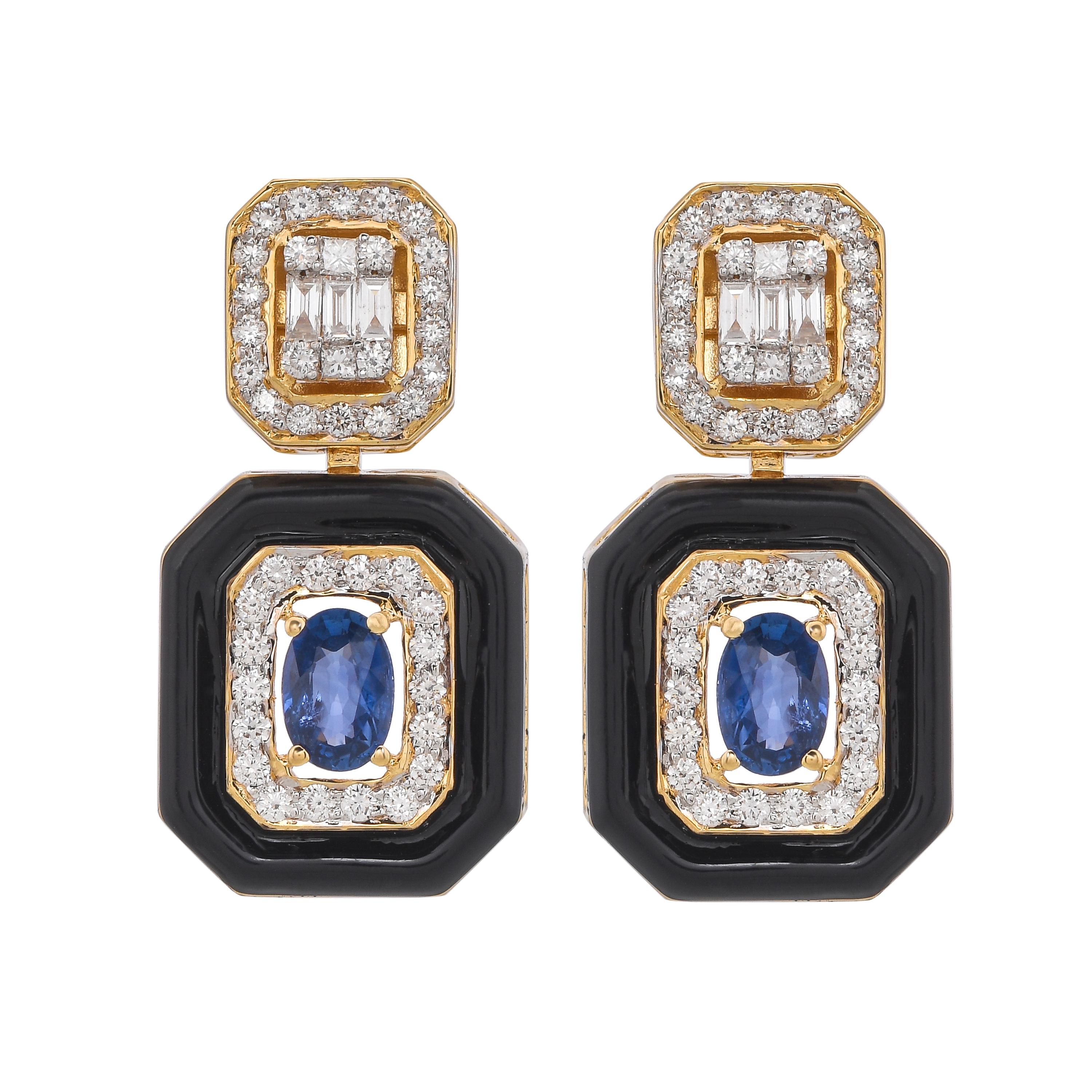 Oval Cut 1.14 Carat Blue Sapphire Diamond and Black Enamel 18kt Yellow Gold Earrings For Sale