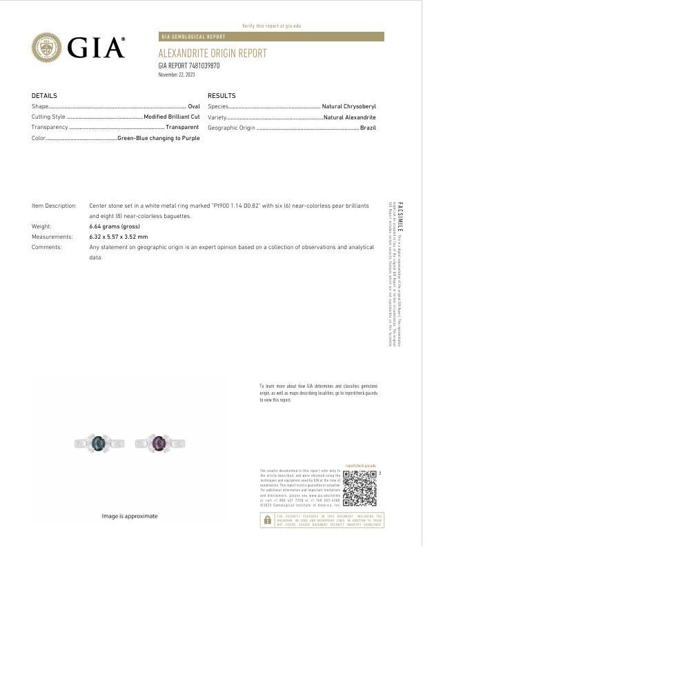 Women's 1.14 Carat Brazilian Alexandrite Diamond Platinum Ring, GIA Certified For Sale