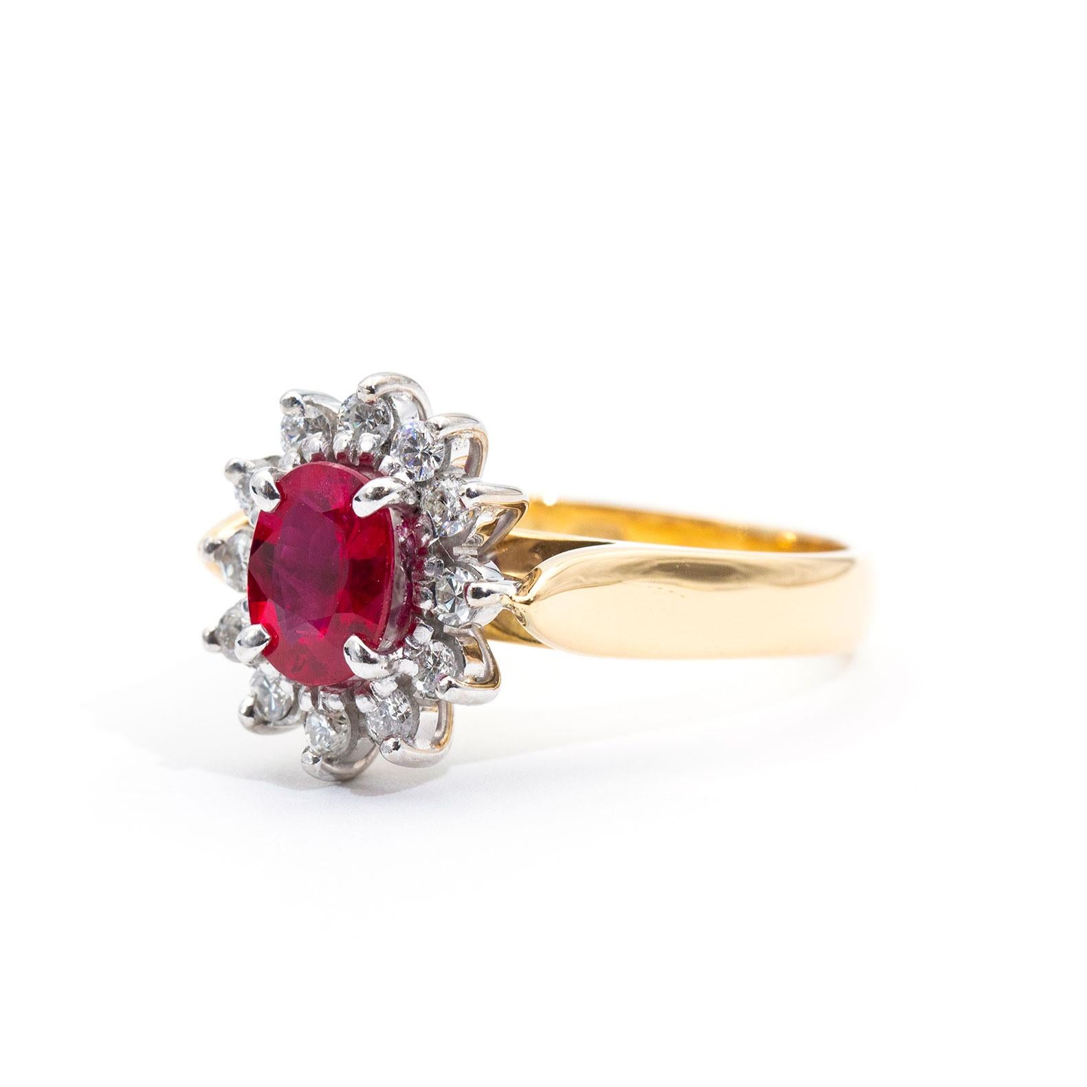 Modern 1.14 Carat Bright Red Ruby and Diamond 18 Carat Gold Vintage Cluster Ring