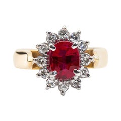 1.14 Carat Bright Red Ruby and Diamond 18 Carat Gold Vintage Cluster Ring