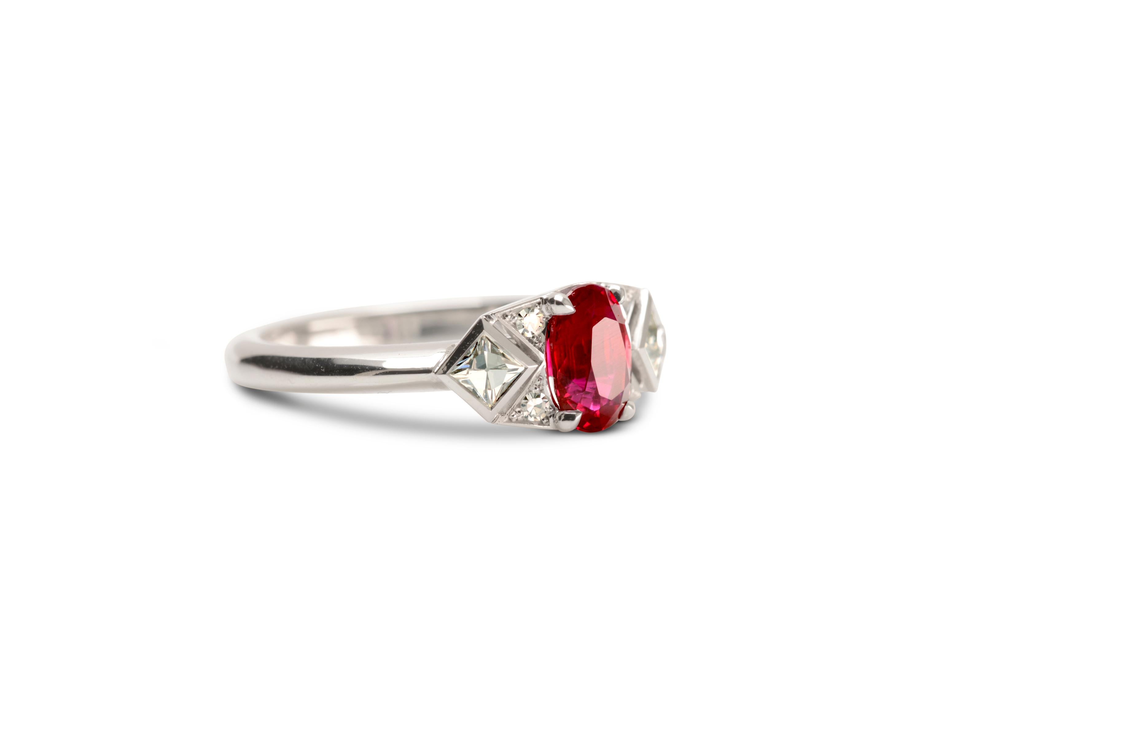 Oval Cut 1.14 Carat Burmese Ruby and Diamond Art Deco Ring in 18 Karat White Gold For Sale