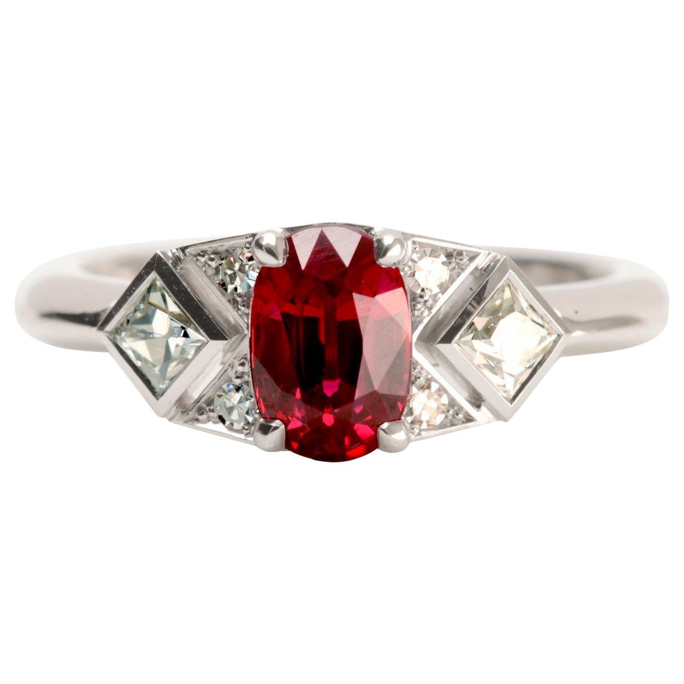 1.14 Carat Burmese Ruby and Diamond Art Deco Ring in 18 Karat White Gold For Sale
