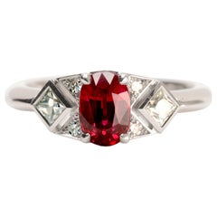 1.14 Carat Burmese Ruby and Diamond Art Deco Ring in 18 Karat White Gold
